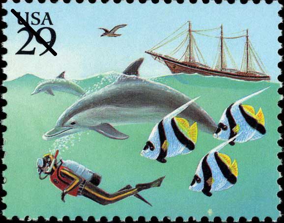 Underwater sea life and scuba diver stamp