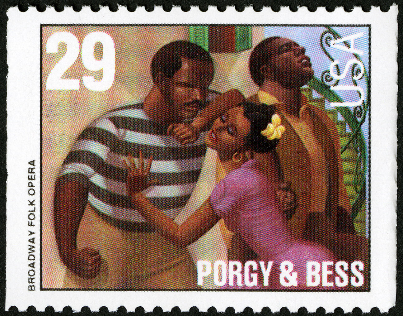 Postage stamp depicting singing man in background, and a woman leaning into the chest of a man in foreground.