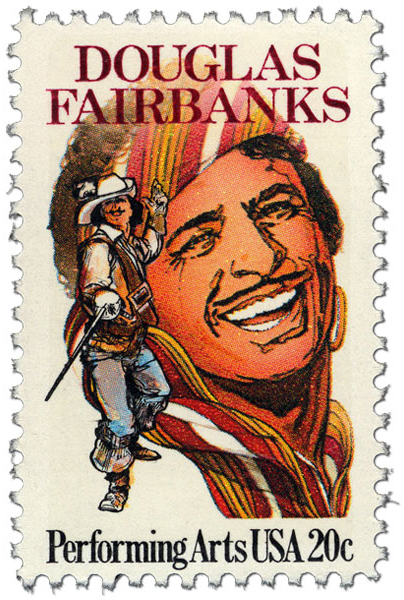 20c Performing Arts stamp with Douglas Fairbanks- smiling with a turban and also with an epee