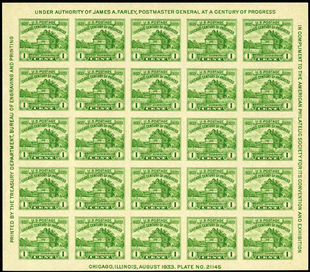 1c deep yellow green sheet of 25, August 25, 1933
