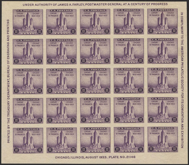 3c deep violet sheet of 25, August 25, 1933