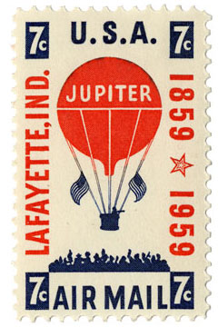 Lafayette, IND. 1859-1959- 100th anniversary 7c postage stamp with an illustration of the Balloon Jupiter