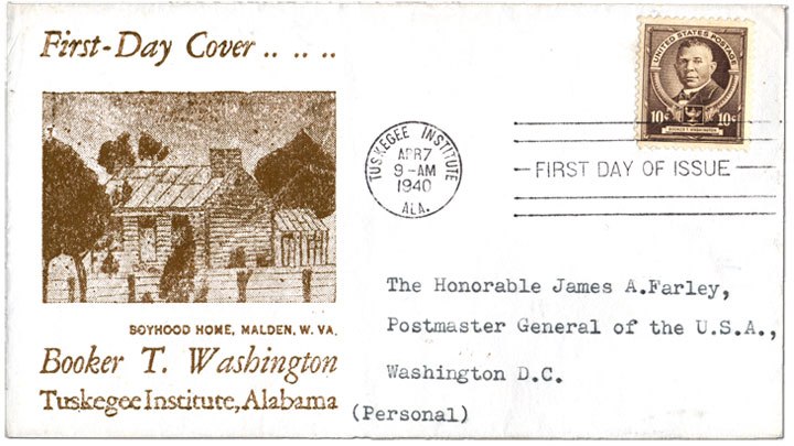 Boyhood Home, Malden, W. VA. Booker T. Washington Tuskegee Institute, Alabama- 10c Booker T. Washington first day cover, 1940