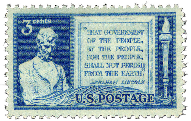 3c Gettysburg Address single, 1948 with depiction of Lincoln, a torch, and a quote by Lincoln