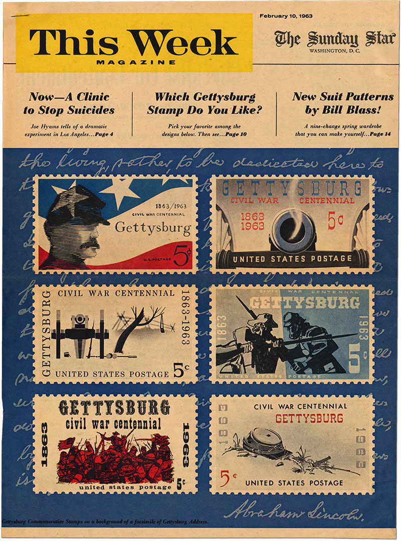 The cover of This Week shows designs for six of the ten final design pieces, including Hill’s design that won the popular vote
