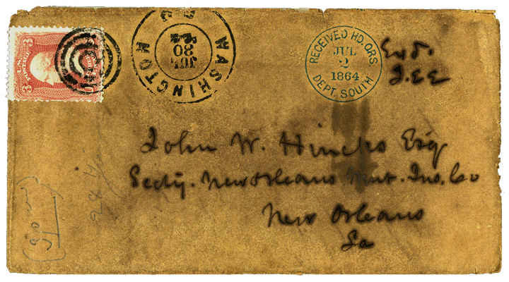 Received Hd. Qrs. Jul 2 1864 Dept. South- The receiving headquarters mark