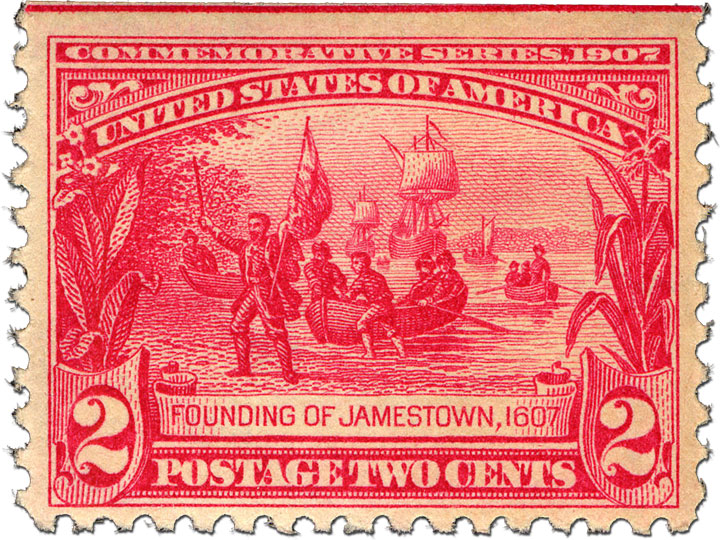 red 2¢ Founding of Jamestown stamp showing the landing of the boat