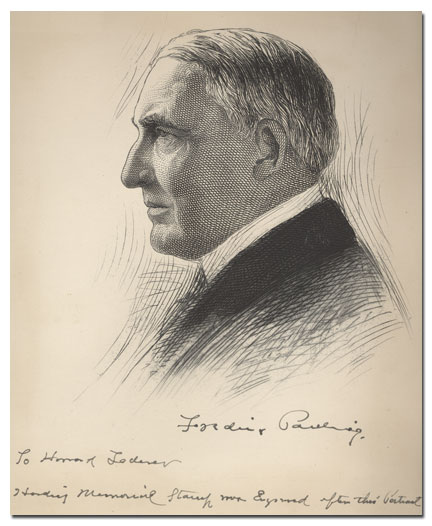 a sketched image of Harding in profile