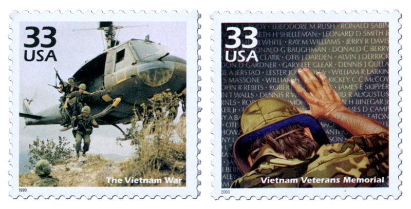 33c Vietnam War stamp with a soldier and helicopter and 33c Vietnam Veterans Memorial stamp