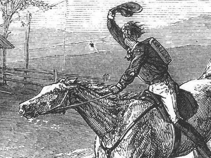 mid 19th century illustration showing a Pony Express rider carrying mail in a backpack labeled 'express'