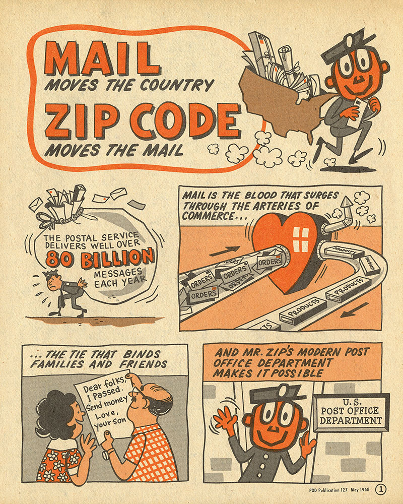 Cómic del código postal (1968). Imagen: Museo Postal Nacional de Estados Unidos.