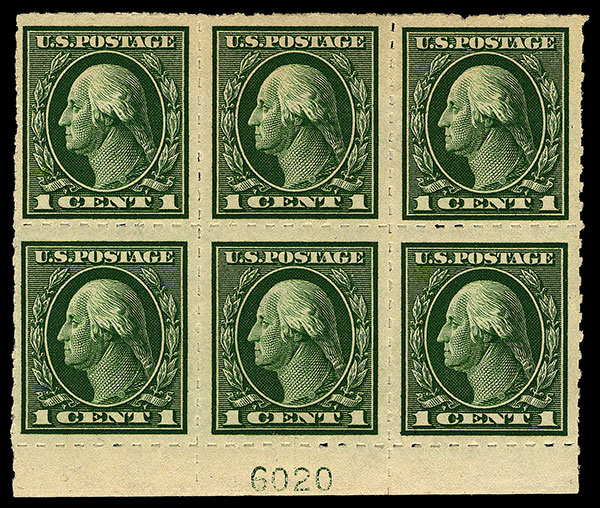 1c Washington Kansas City Roulette bottom plate block of six