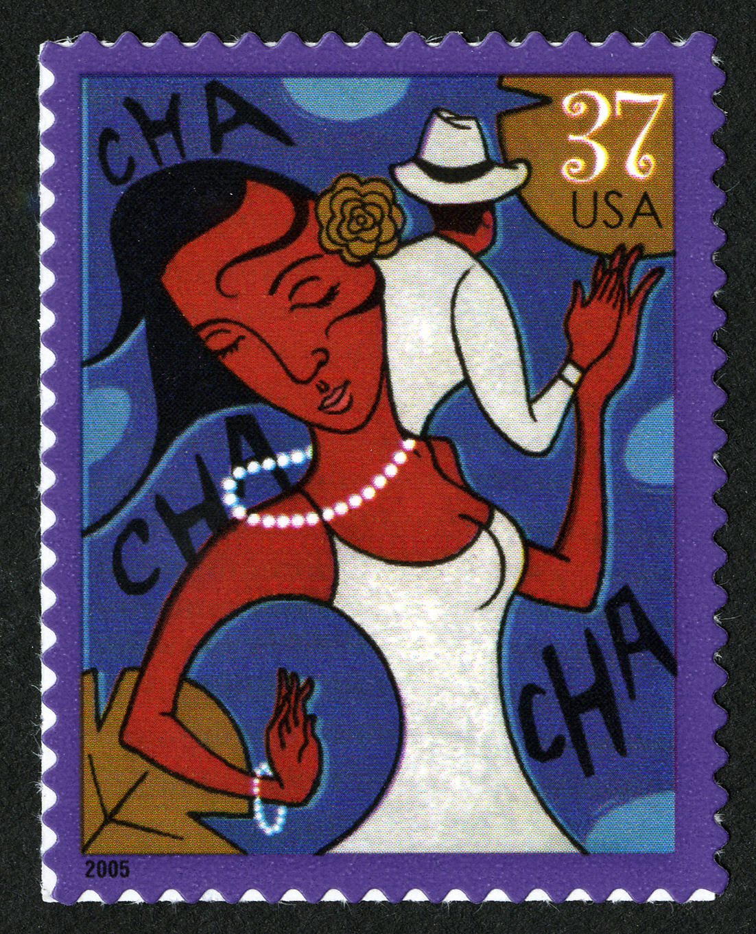 Brightly colored postage stamp with woman in dress in foreground, arms raised in dance. She holds hands with man in hat in background.