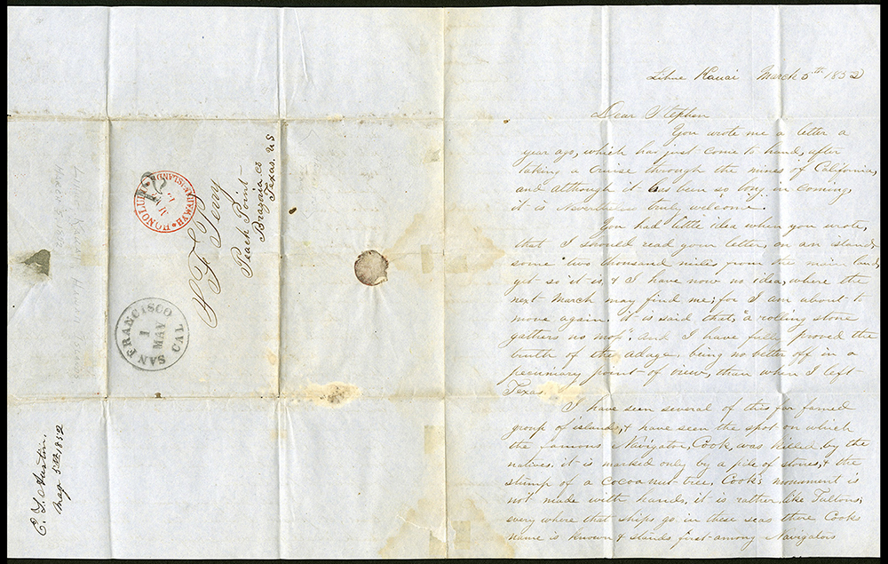 Lihue Kauai folded letter, Kingdom of Hawaii, 1852