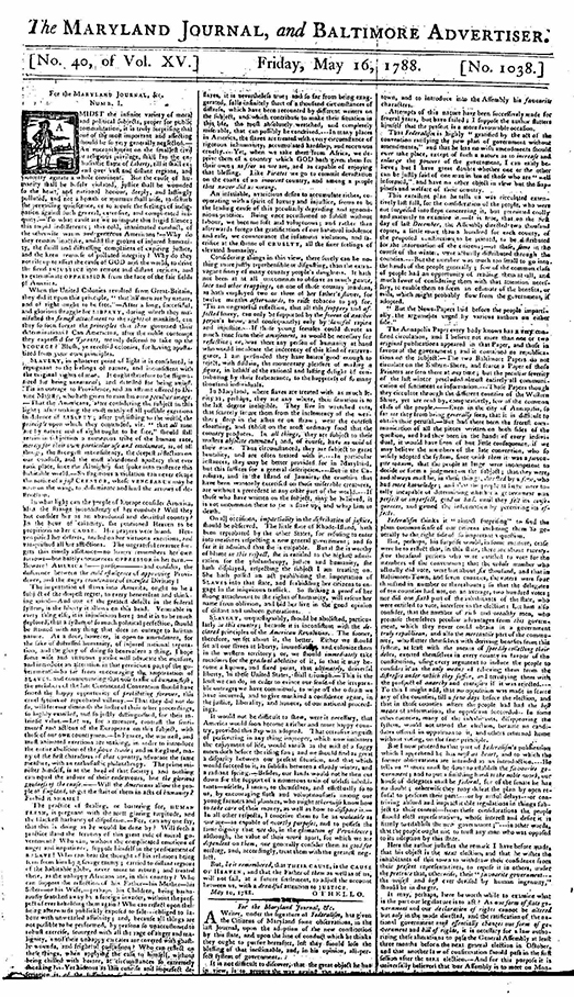 front page of The Maryland Journal and Baltimore Advertiser No. 40, Vol. XV, May 16, 1788