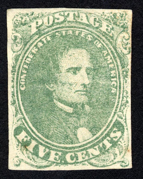 green 5c 1861 Confederate stamp featuring the image of Jefferson Davis