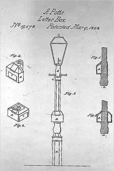 Patent drawing of the first lamppost-attached mailbox
