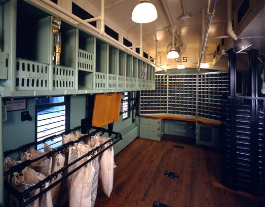 photo inside a Railway Mail car on display at the museum