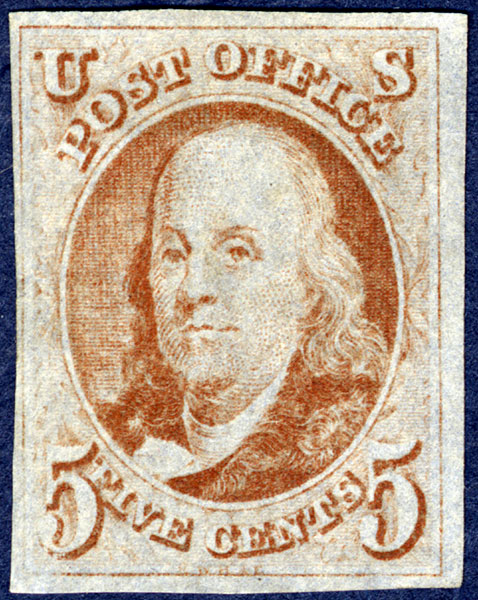 5 cent 1847 U. S. postage stamp with Benjamin Franklin