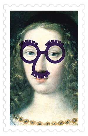 painting of a woman wth sketch of glasses and mustache