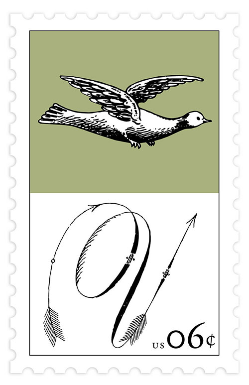 drawing of a dove and the letter V on a stamp