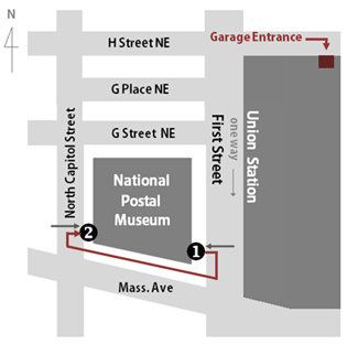 Mapa del Museo Postal Nacional que muestra las entradas en First Street y North Capitol Street