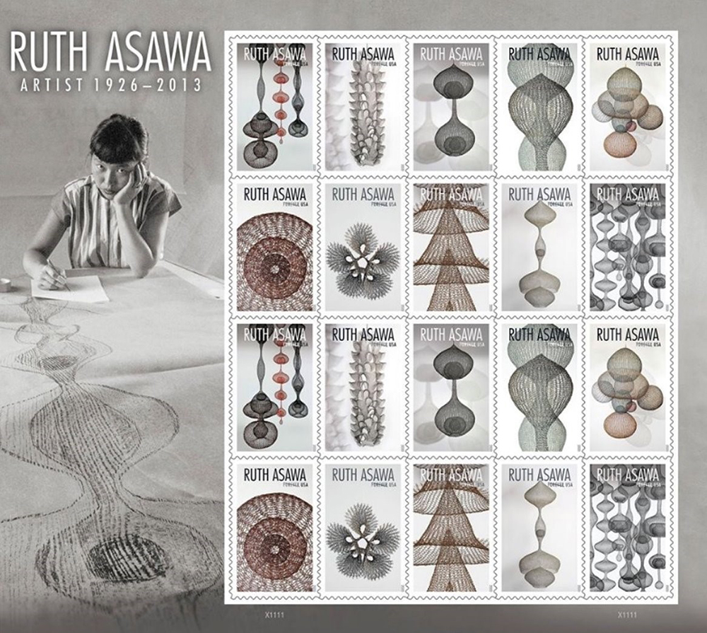 Ruth Asawa and a sheet of stamps showing her artwork