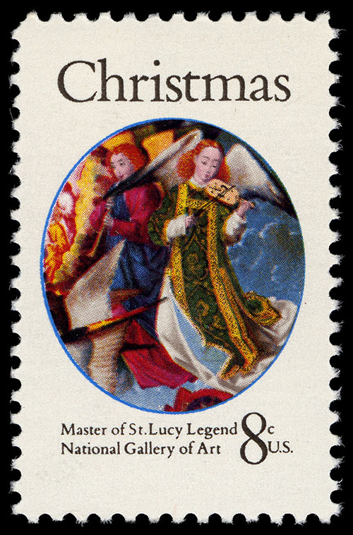 Postage stamp of a painting of an angel playing a violin.