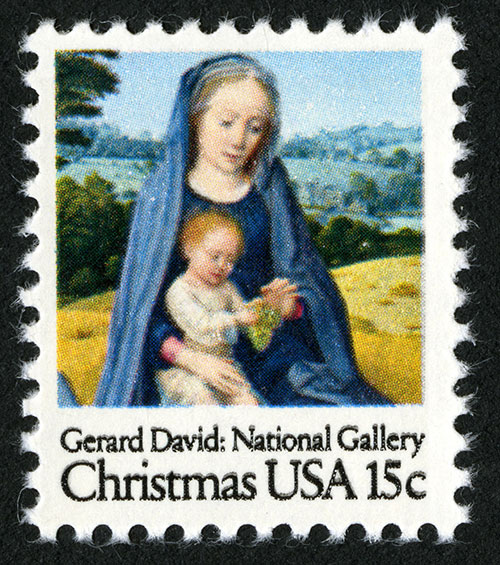 Postage stamp featuring a painting of Modanna and Child eating date.