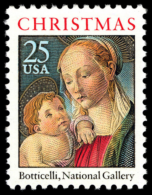 Timbre représentant une jeune femme à la peau pâle et aux cheveux blonds roux assise avec un bambin potelé presque nu debout sur ses genoux.