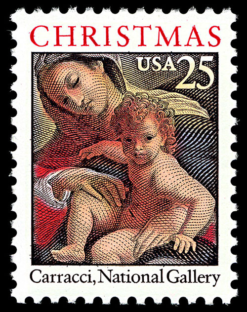 Postage stamp featuring a young woman sleeping with her cheek resting on the back of one hand next to a woman holding a nude baby and two winged angels.