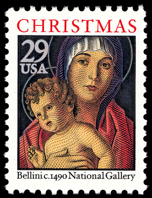 Selo postal representando a Virgem e o Menino com Maria com uma expressão ligeiramente preocupada, mas serena.