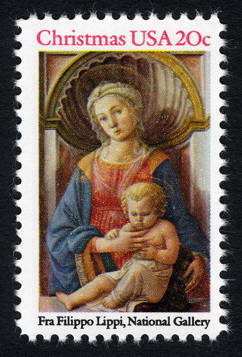 Sello postal con una pintura témpera de la Virgen y el Niño