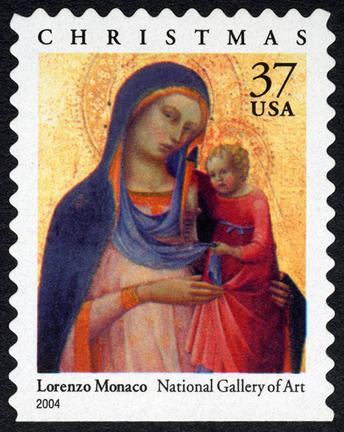 Sello postal de una pintura de la Virgen con un vestido fino y ligero bordado en oro. Ella está sosteniendo a un niño.