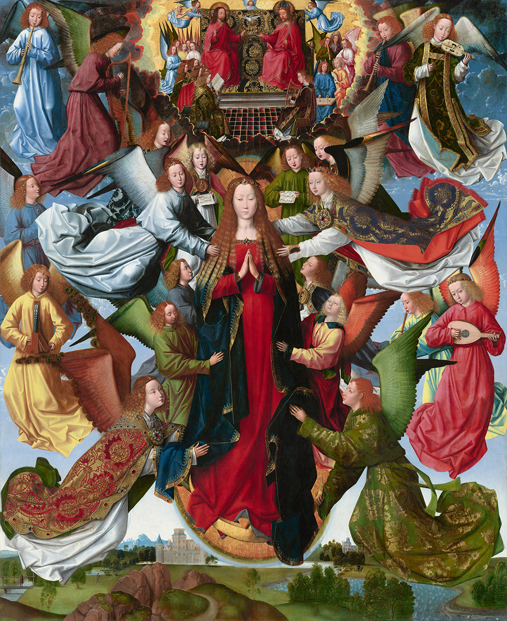 A woman wearing long robes and standing on an upturned, gold crescent moon is surrounded by twenty angels who lift her up, sing, or play musical instruments in this vertical painting.
