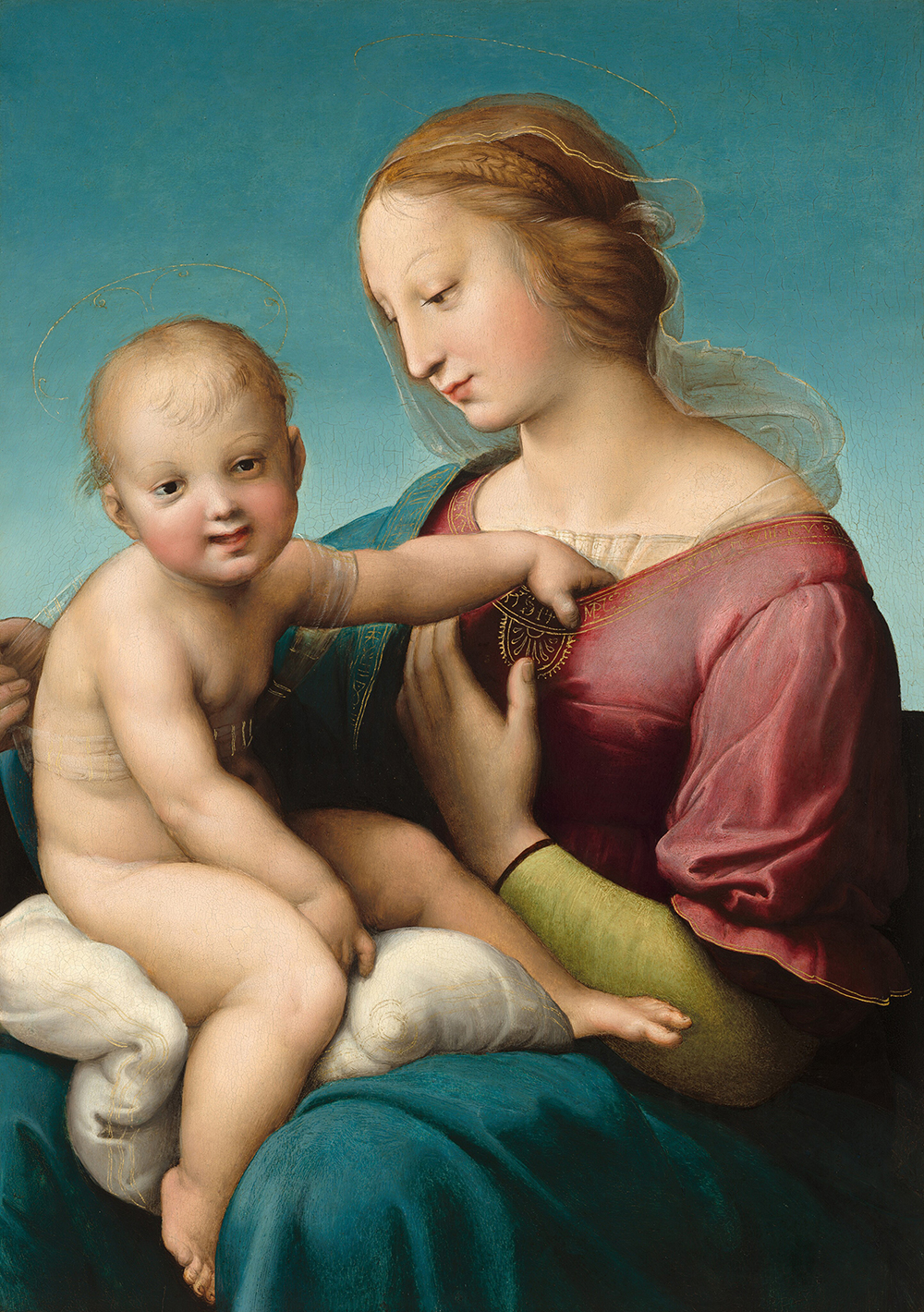 A woman holds and looks toward a nude, young child, who sits on her lap and looks out at us, smiling, in this vertical painting.