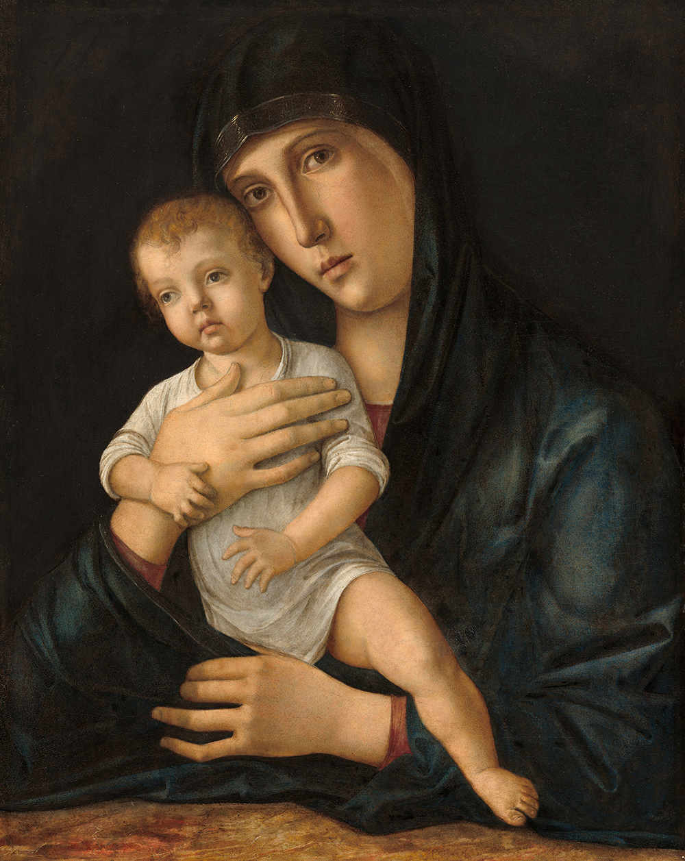 Painting of the Madonna staring directly at the viewer. She is holding a child.