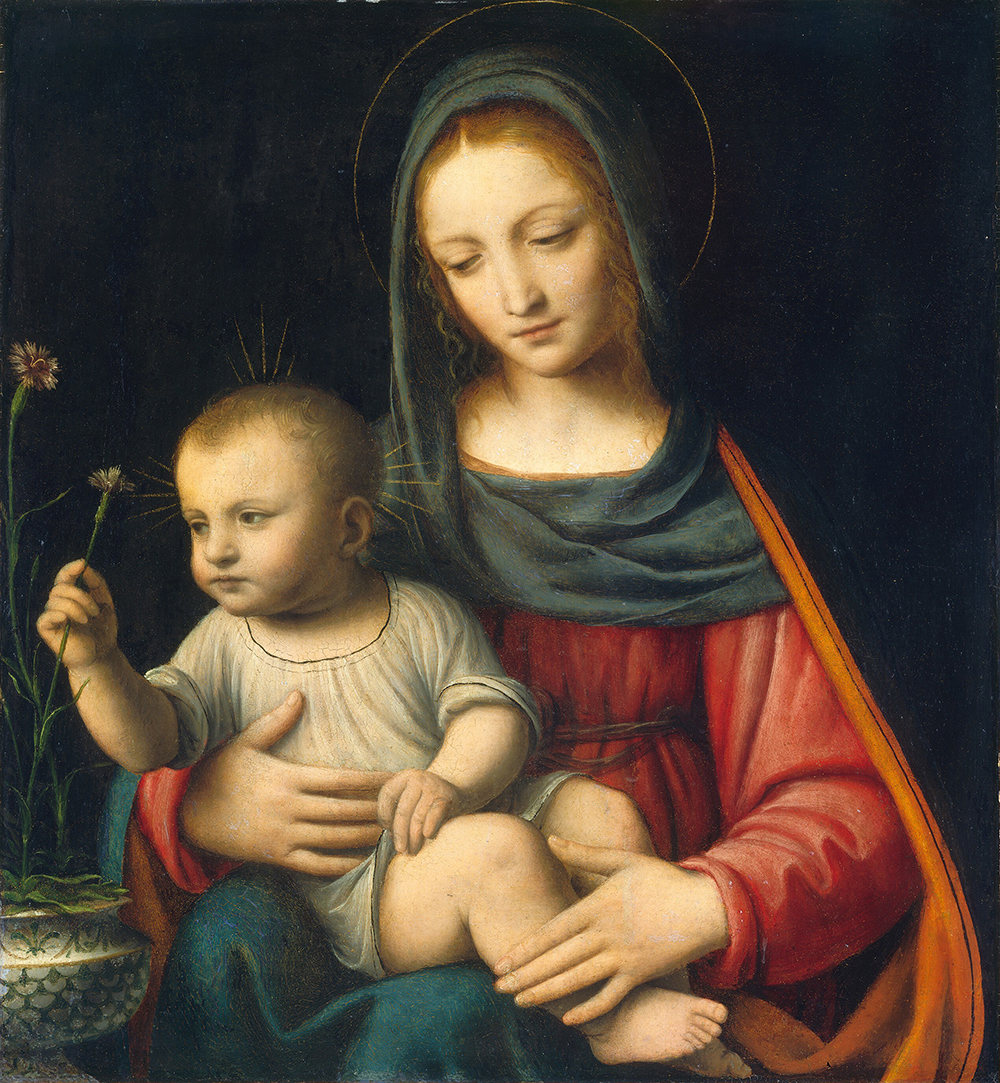 The Virgin Mary with the Christ child seated in her lap as he turns to grasp a carnation growing in a pot nearby.