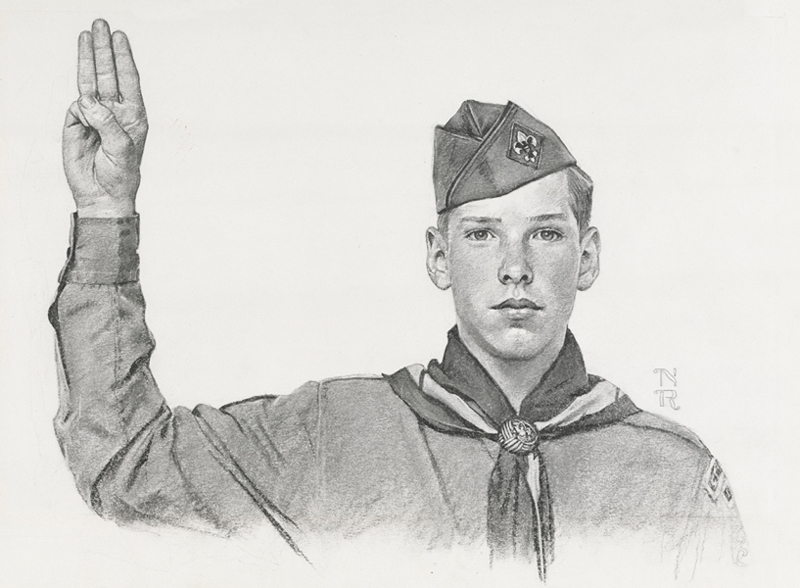 charcoal and pencil drawing of a boy scout