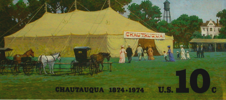 Painting of a large tent with people, hourses, and buggies in the foreground, and a house and a water tower in the background