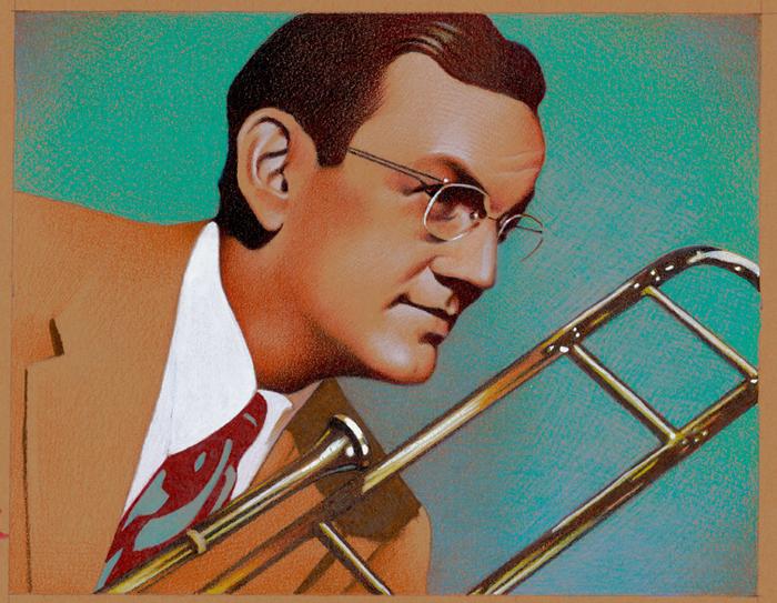 painting of Glenn Miller holding a trombone