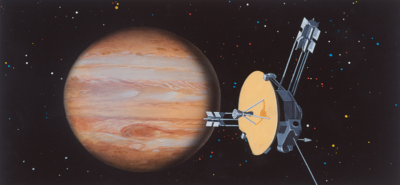 illustration of a satellite passing in front of Jupiter 