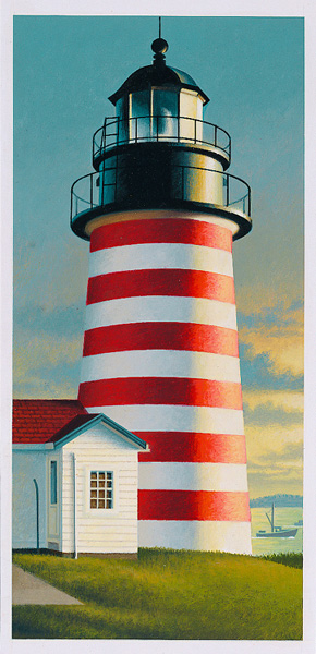 painting of a lighthouse with a small building and a boat on water in the background