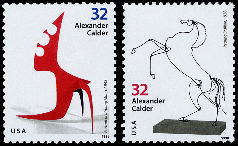 Alexander Calder Issues, Portrait of a Young Man stamp and Rearing Stallion stamp