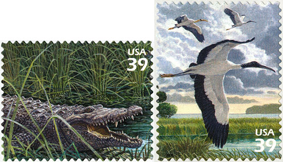 Crocodile stamp and Everglades Bird stamp