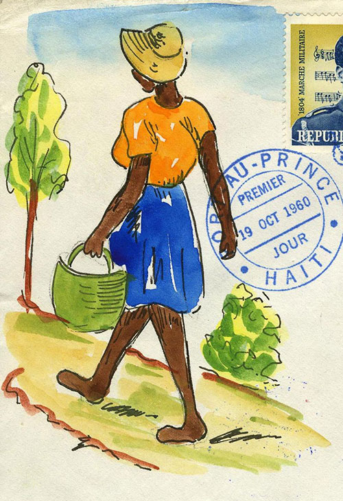 Illustration on an envelope of a woman carrying a basket