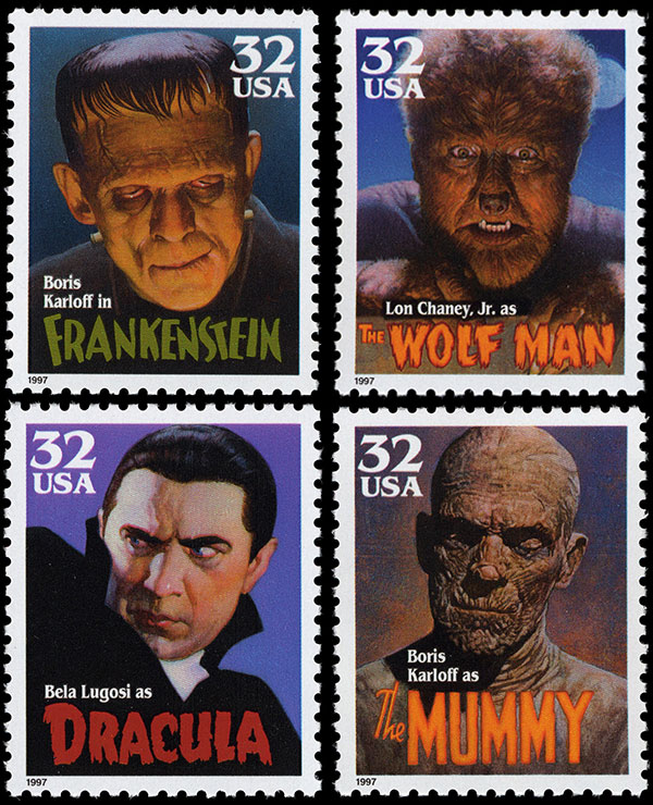 Four stamps: Frankenstein, The Wolf Man, Dracula, and The Mummy