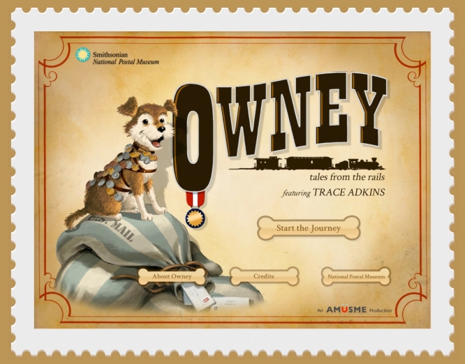 Owney e-book cover image with Owney sitting on a pile of mailbags
