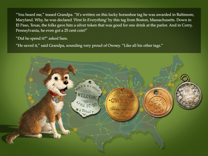 A page in the Owney e-book that shows Owney and four tags