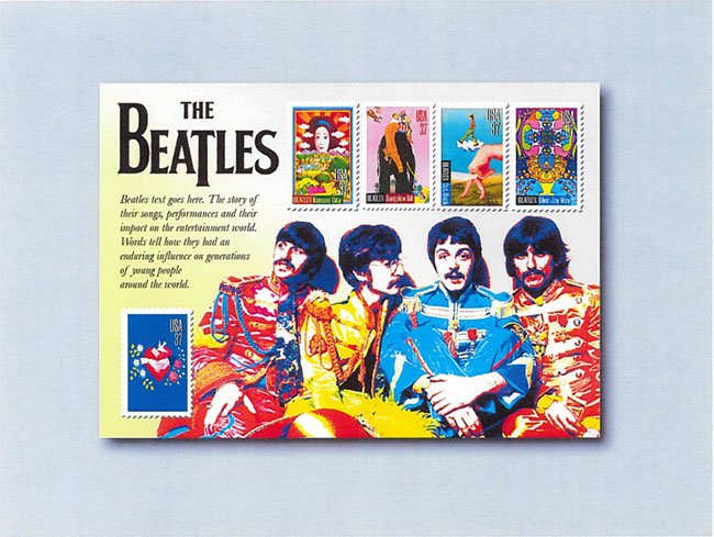 Illustration of The Beatles members and five designs for stamps